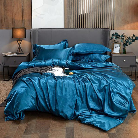 Fitted 4PCS SUPER SOFT Luxury Silk Bedding Set（1 FITTED SHEET+1 QUILT COVER+ 2 PILLOWCASE)