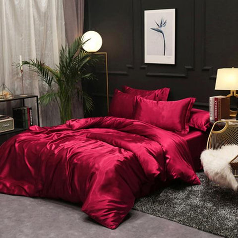 Fitted 4PCS SUPER SOFT Luxury Silk Bedding Set（1 FITTED SHEET+1 QUILT COVER+ 2 PILLOWCASE)