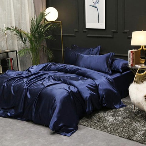 Fitted 4PCS SUPER SOFT Luxury Silk Bedding Set（1 FITTED SHEET+1 QUILT COVER+ 2 PILLOWCASE)