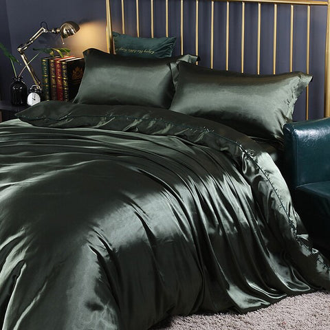 Fitted 4PCS SUPER SOFT Luxury Silk Bedding Set（1 FITTED SHEET+1 QUILT COVER+ 2 PILLOWCASE)