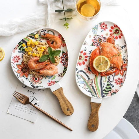 Deidra - Wooden Handle Ceramic Dinner Plate - Silky decor