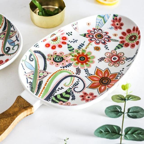 Deidra - Wooden Handle Ceramic Dinner Plate - Silky decor