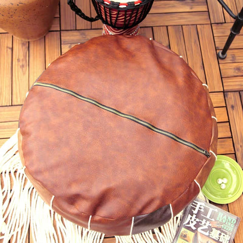Exotic Moroccan Round Leather Pouf Cover